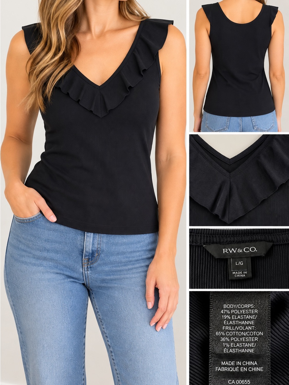 RW&CO. Black Ruffle V-Neck Tank